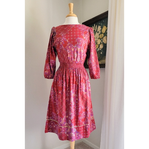 70s Red Floral Cinched Waist 1970s Vintage Midi Dress by ' Belle France ' - Picture 8 of 8